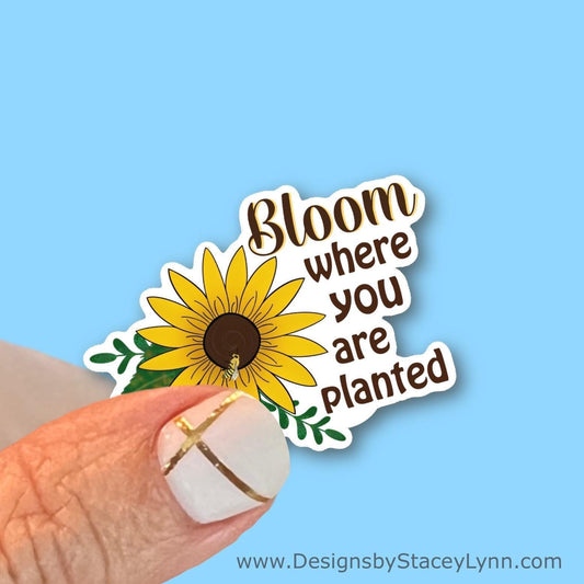 Bloom where you are planted Sunflower Sticker, Waterproof Vinyl Decal, Laptop Sticker, Water Bottle Sticker, choice of size