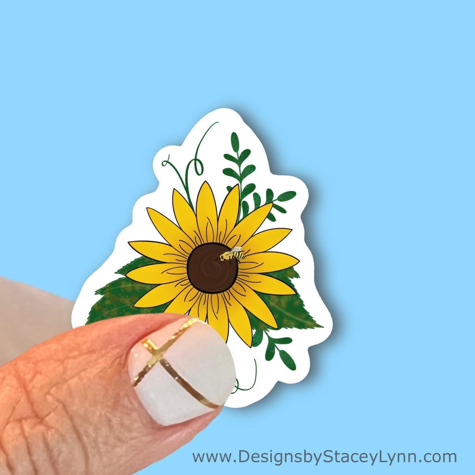 Sunflower with Bee Sticker, Waterproof Vinyl Decal, Laptop Sticker, Water Bottle Sticker, Aesthetic Stickers, choice of size