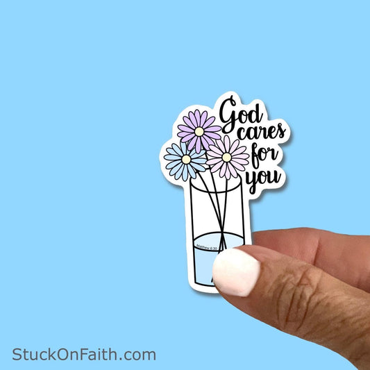 God cares for the wildflowers- flower vase, Matthew 6:30 | Christian Faith Waterproof Vinyl Sticker/ Decal- Choice of Size