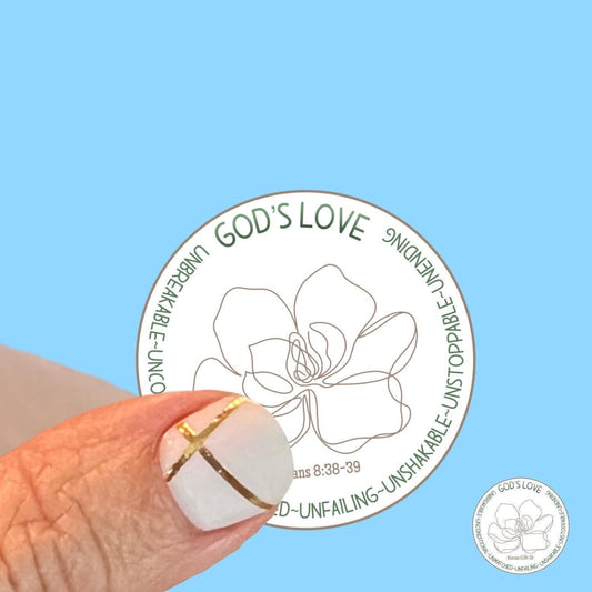 God’s Love Magnolia - with words that describe God’s Character - Christian Faith UV/ Waterproof Vinyl Sticker/ Decal- Choice of Size