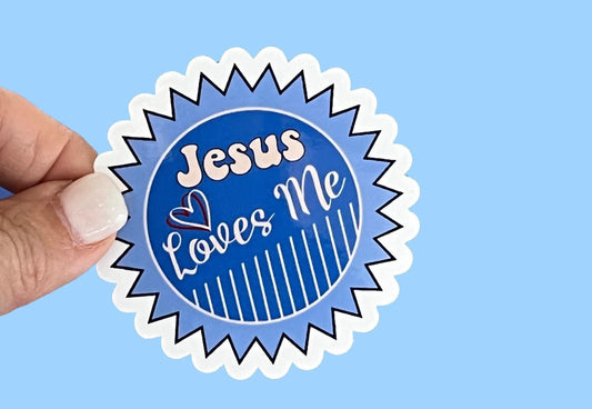 Jesus Loves Me Blue Retro Sign Style 2.5 inch Christian Faith UV/ Waterproof Vinyl Sticker/ Decal, Retro, Vintage style- Choice of Size