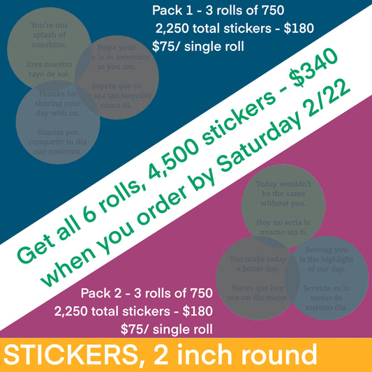 Sticker Bundle for ☀️ days - choose 1, 3 or 6 rolls, 2” stickers, 750 per roll