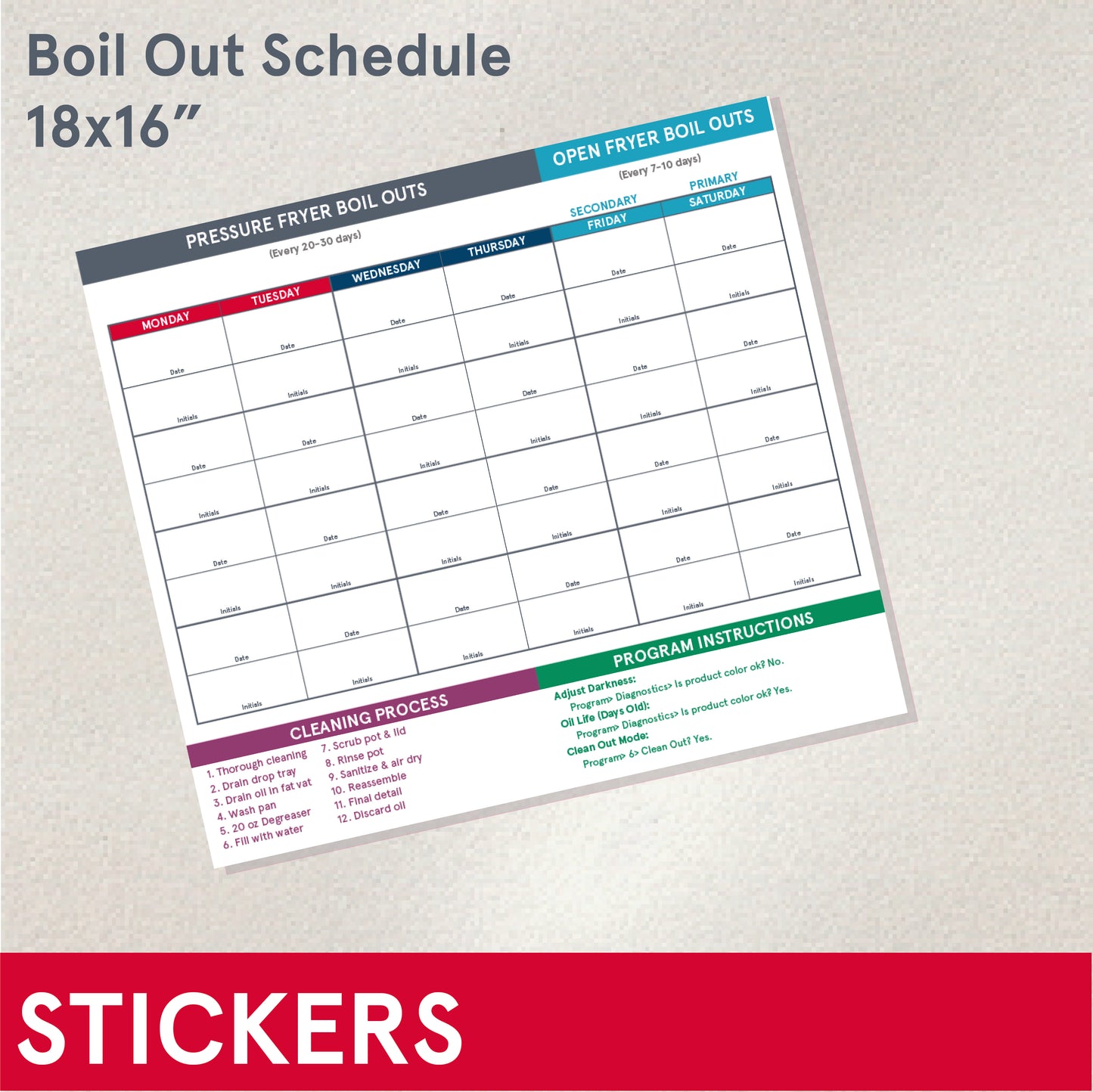 *STICKERS (Functional) Boil Out schedule, Dry Erase Waterproof Sticker, 18x16"