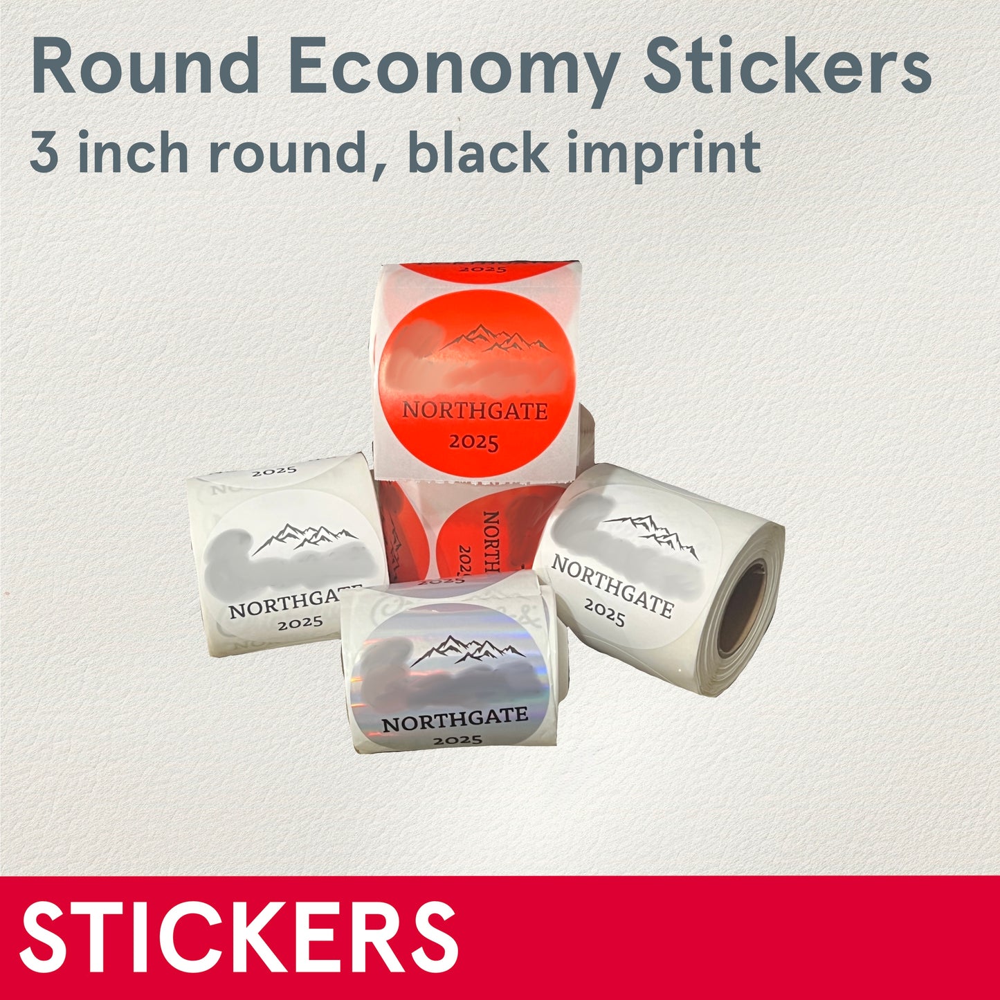 *STICKERS (Economy, Bulk) Round, choice of size, black imprint