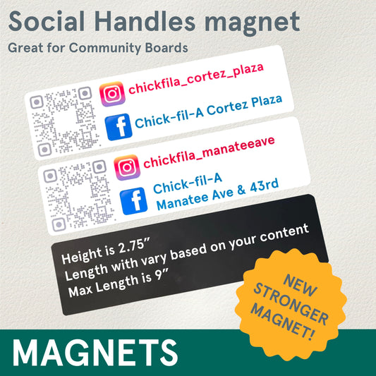 Magnet, App QR code with socials, up to 9x2.75 inches - use for community boards & more
