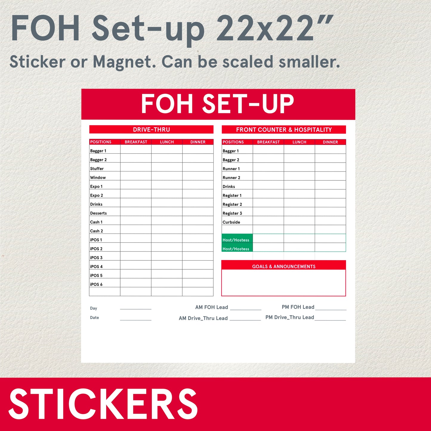 STICKERS (Functional) FOH or BOH setup - Sticker or Magnet