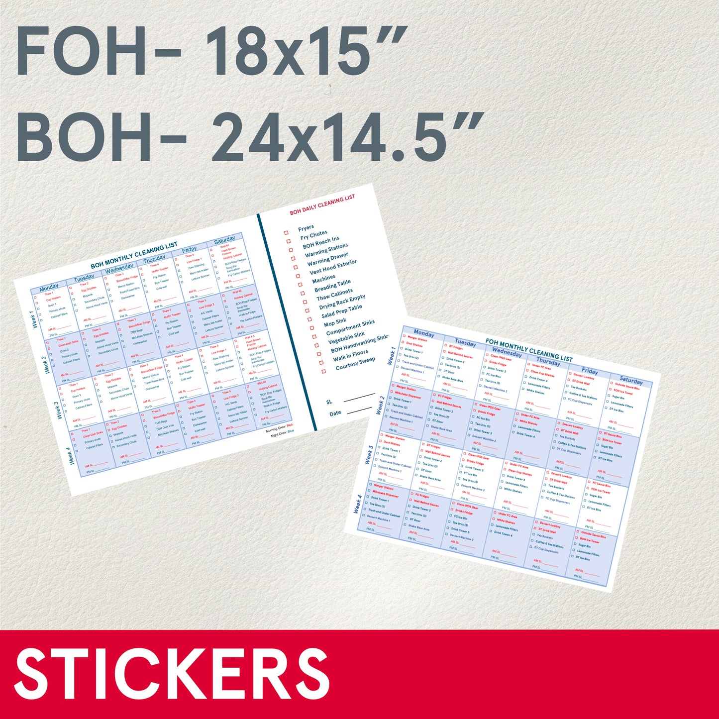 *STICKERS (Functional) FOH &/or BOH Cleaning Lists