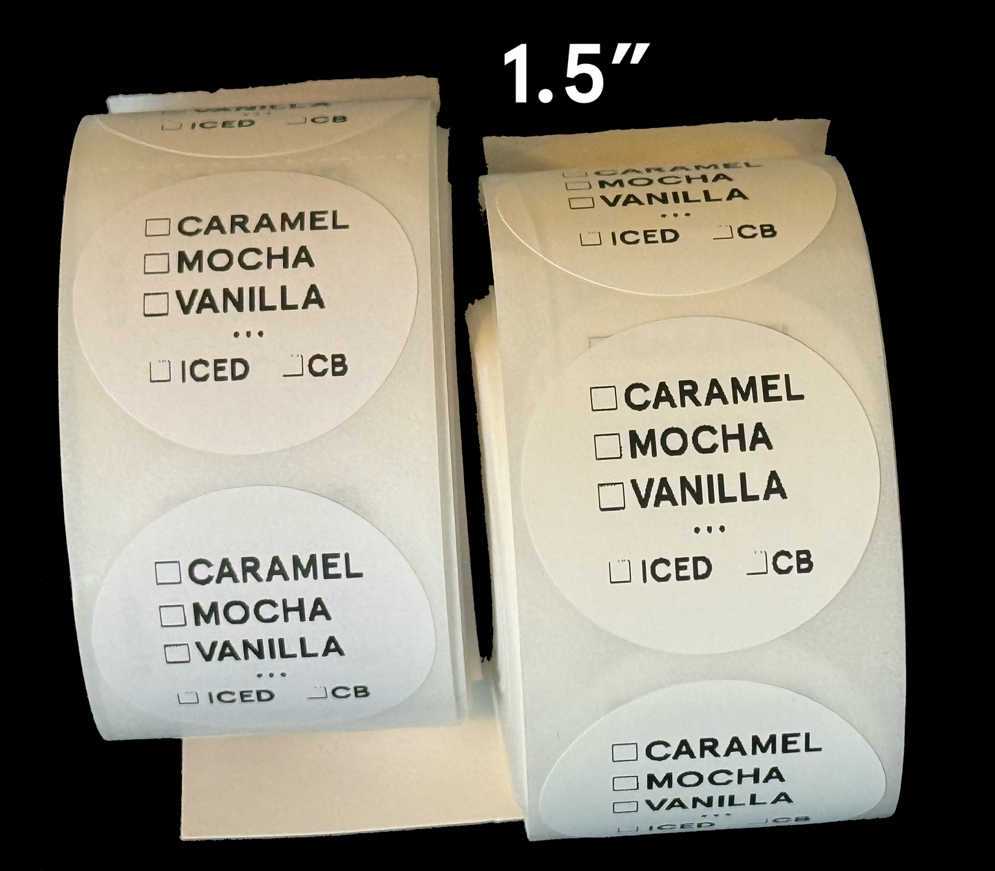 Coffee Stickers, 1 inch, 1,000 per roll OR 1.5 inch Checkbox coffee stickers