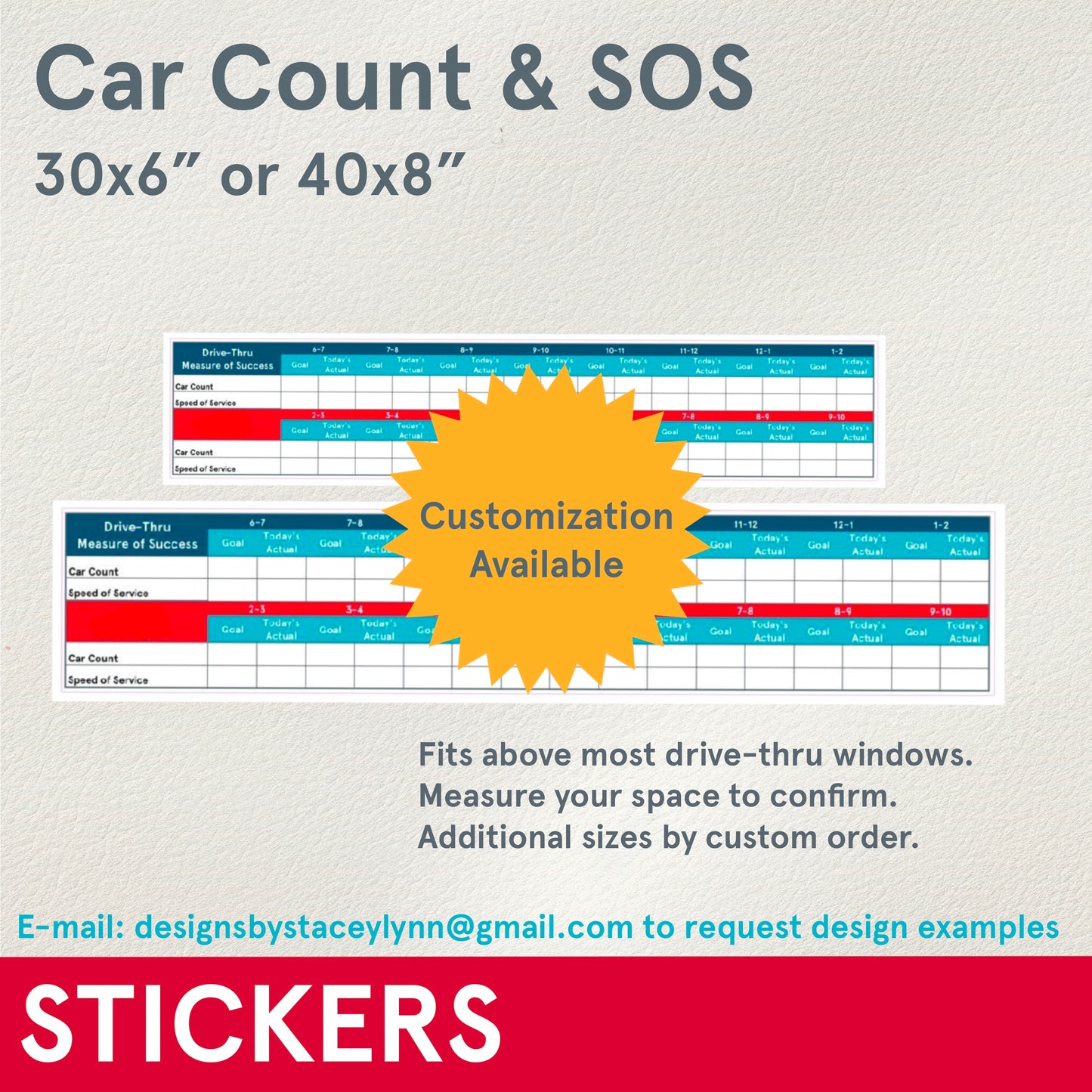 STICKERS (Functional) Car Count/ SOS tracker, 30x6 inches or 40x8"