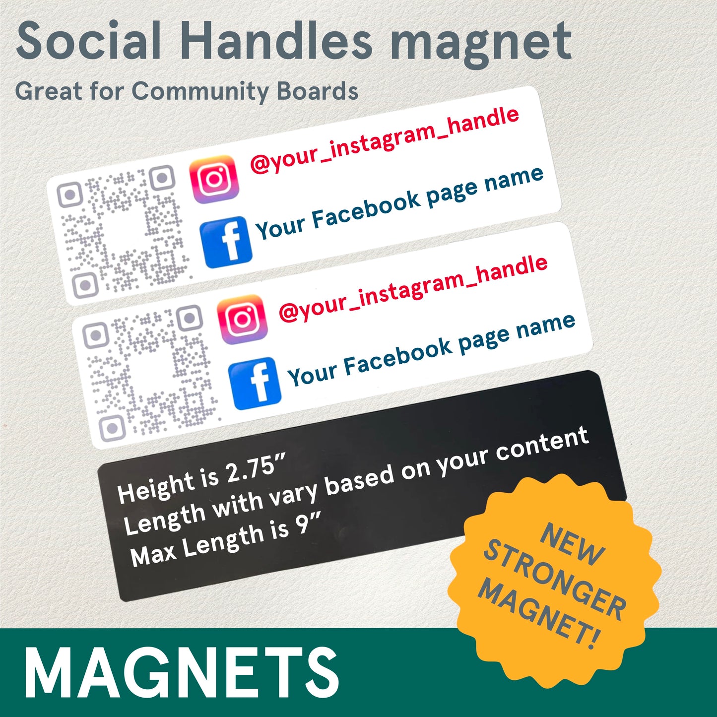 Magnet, App QR code with socials, up to 9x2.75 inches - use for community boards & more