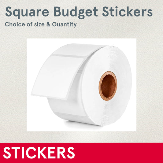 STICKERS (Budget, Bulk) Custom Square, Choice of Size, on a roll