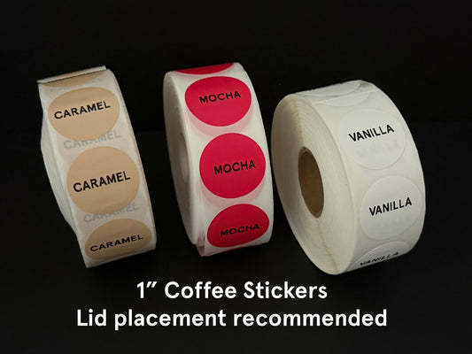 Coffee Stickers, 1 inch, 1,000 per roll OR 1.5 inch Checkbox coffee stickers