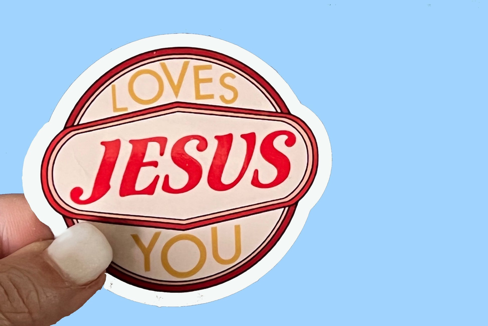 Jesus Loves You 2.5 inch Christian Faith UV/ Waterproof Vinyl Sticker/ Decal, Retro, Vintage style- Choice of Size, Single or Bulk qty