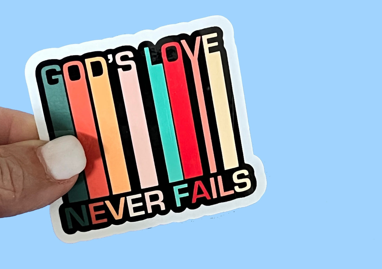 God's Love Never Fails Retro Style 2.5 inch Christian Faith UV/ Waterproof Vinyl Sticker/ Decal, Retro, Vintage style- Choice of Size