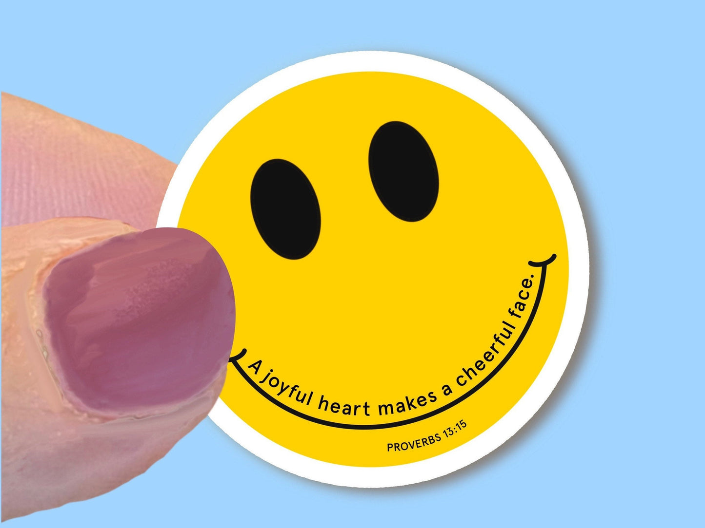 A joyful heart makes a cheerful face, Proverbs 13:15, Christian Kid's Waterproof Vinyl Sticker/ Decal- Choice of Size, Single or Bulk qty