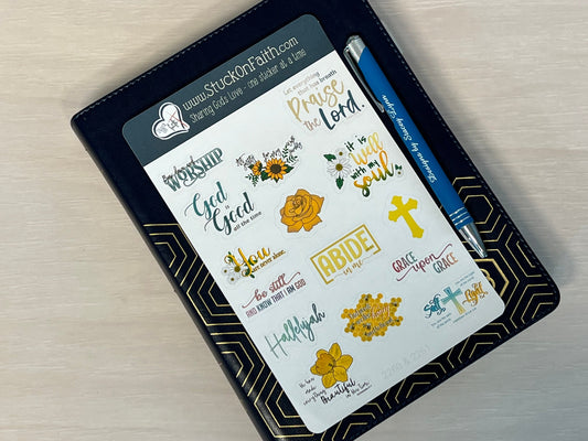 Christian Sticker Pack, Twelve Faith Stickers, Planner Stickers, Bible Verse Stickers, Removable paper stickers, yellow pack