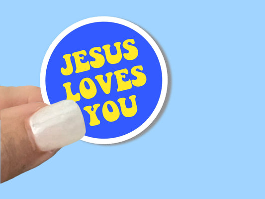 Jesus Loves You, blue & yellow, Christian Faith UV/ Waterproof Vinyl Sticker/ Decal- Choice of Size, Single or Bulk qty