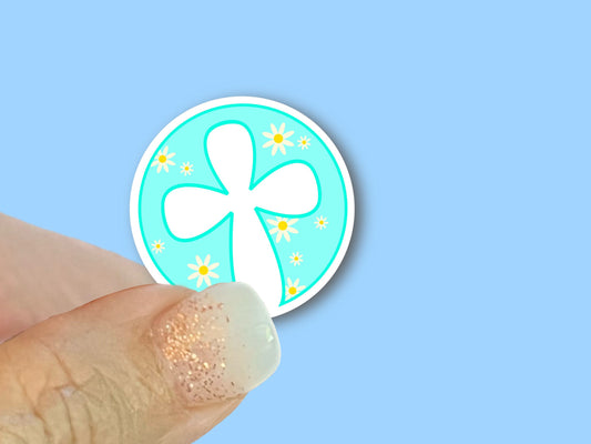 Cross with Daisies, Retro Style - Christian Faith UV/ Waterproof Vinyl Sticker/ Decal- Choice of Size, Single or Bulk qty