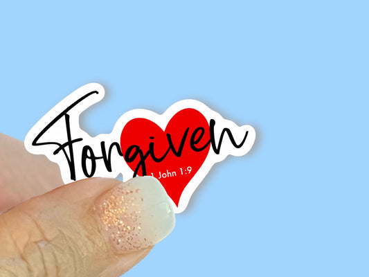 Forgiven - 1 John 1:9 -Red Heart Christian Faith UV/ Waterproof Vinyl Sticker/ Decal- Choice of Size, Single or Bulk qty