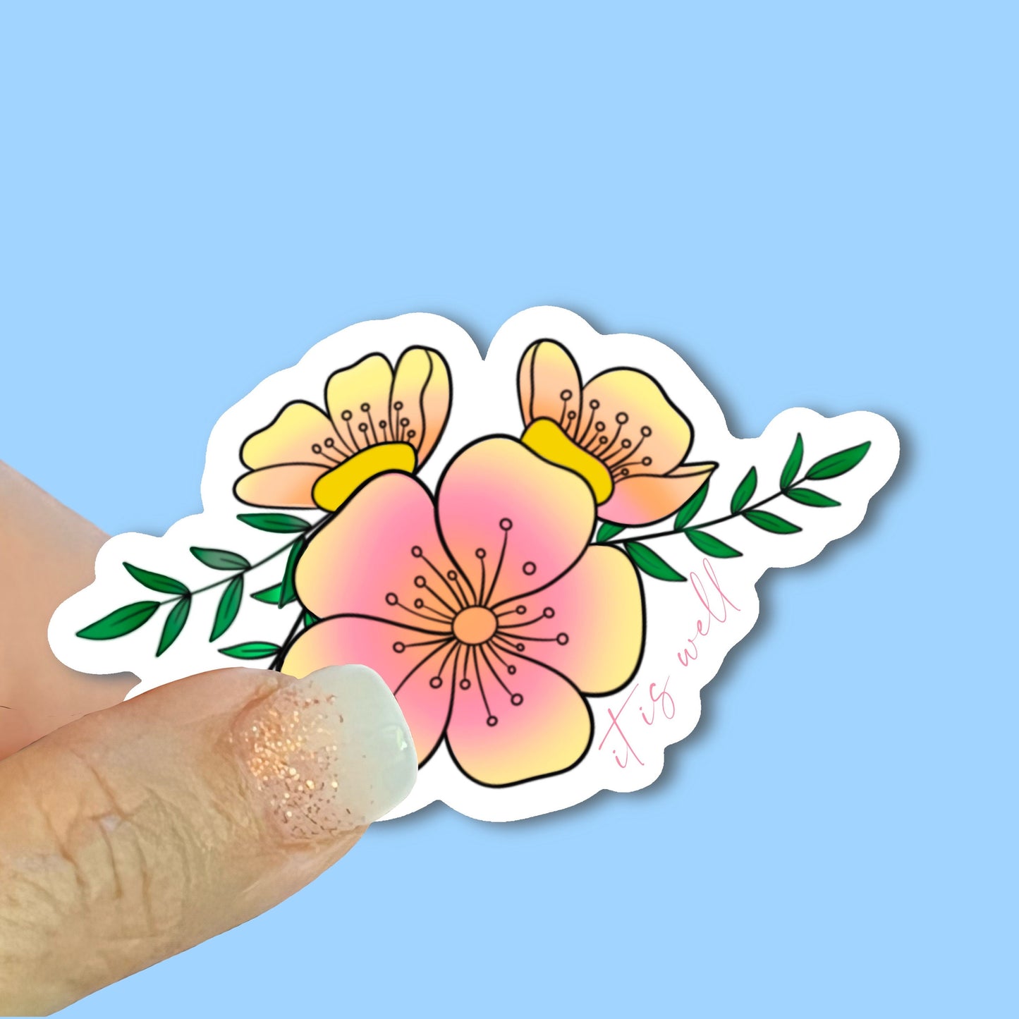 It is well - Pink Plumeria Sticker - Christian Faith UV/ Waterproof Vinyl Sticker/ Decal- Choice of Size, Single or Bulk qty