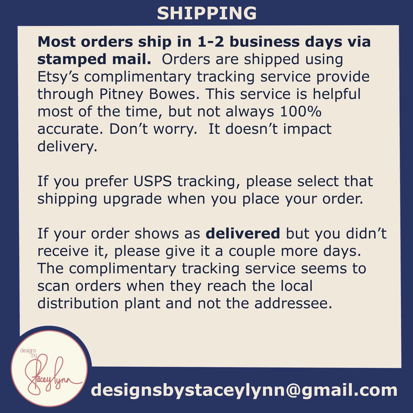 The image is a shipping-related informational graphic that provides details about shipping options and the tracking service provided by Etsy. It includes text and a logo, but does not contain any visual elements such as images or graphics. The text is written in a clear and concise manner, and the logo is placed at the bottom of the image.
