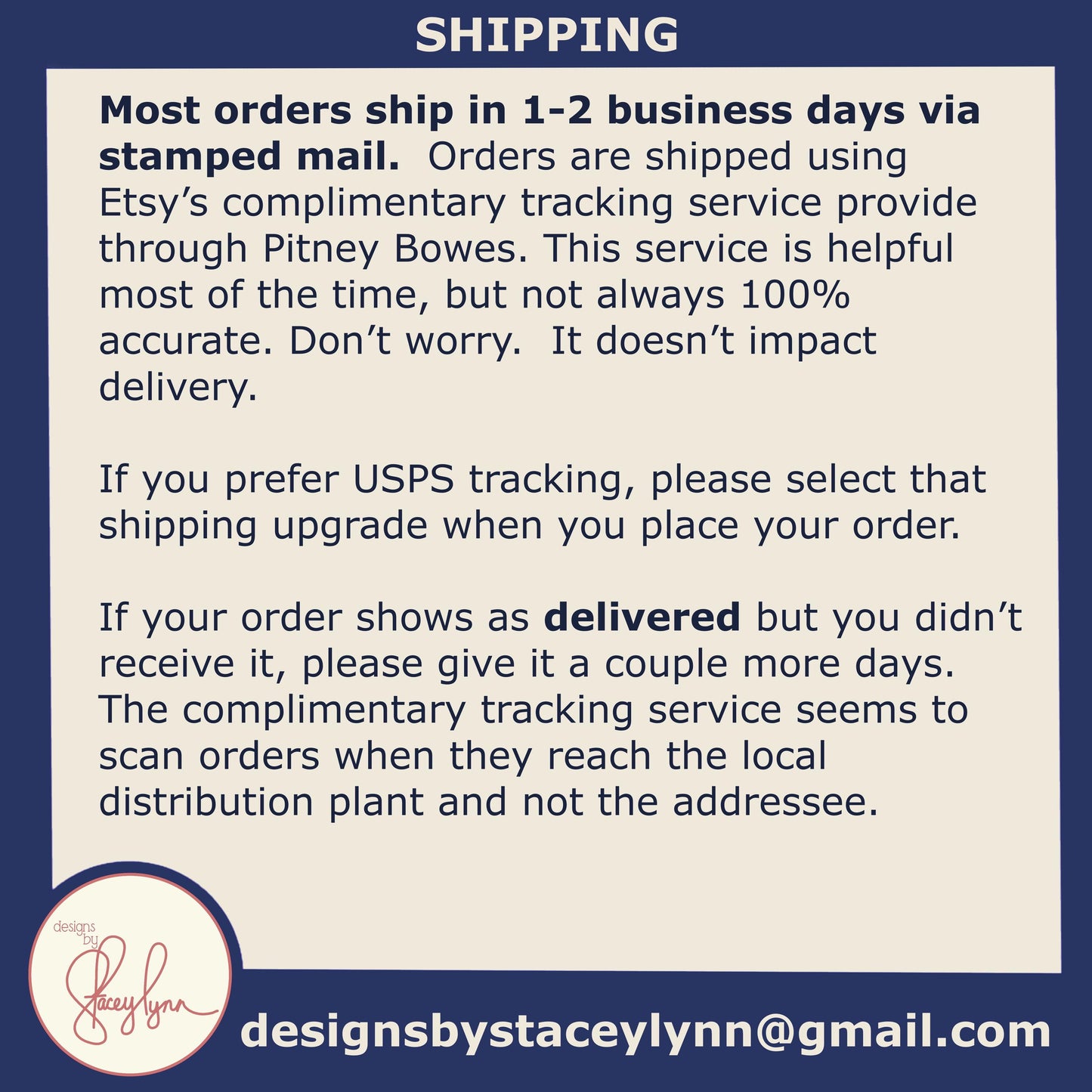 The image is a shipping-related informational graphic that provides details about shipping options and the tracking service provided by Etsy. It includes text and a logo, but does not contain any visual elements such as images or graphics. The text is written in a clear and concise manner, and the logo is placed at the bottom of the image.