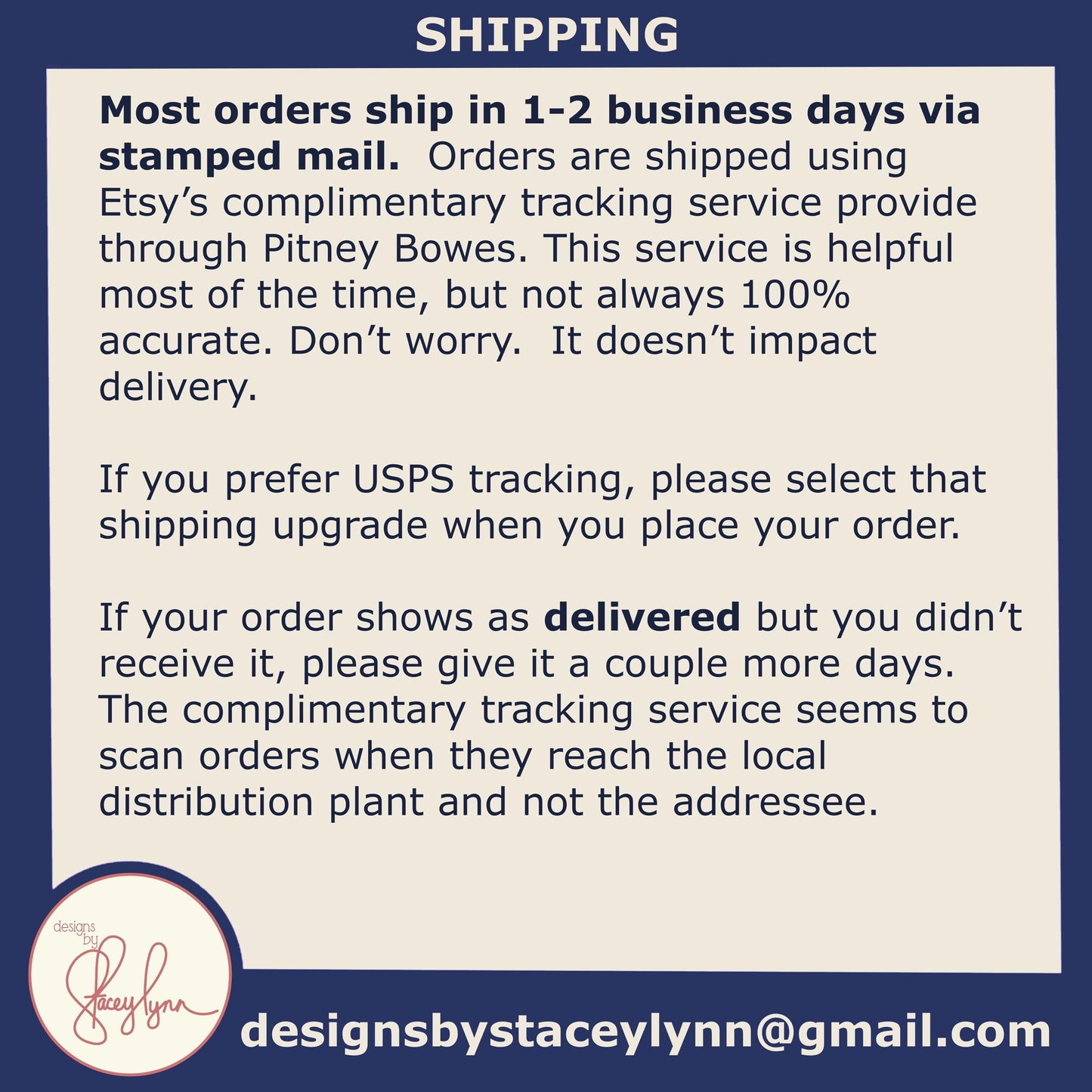 The image is a shipping-related informational graphic that provides details about shipping options and the tracking service provided by Etsy. It includes text and a logo, but does not contain any visual elements such as images or graphics. The text is written in a clear and concise manner, and the logo is placed at the bottom of the image.
