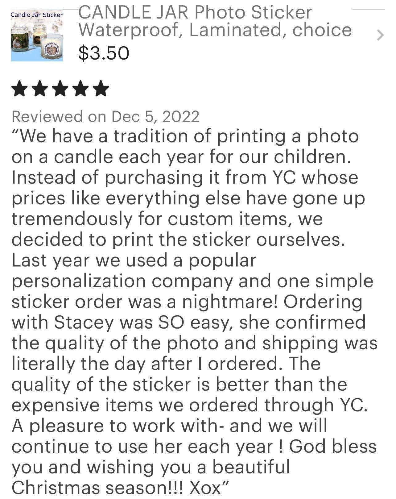 CANDLE JAR photo Sticker Waterproof, Laminated, choice of size - Great gift!