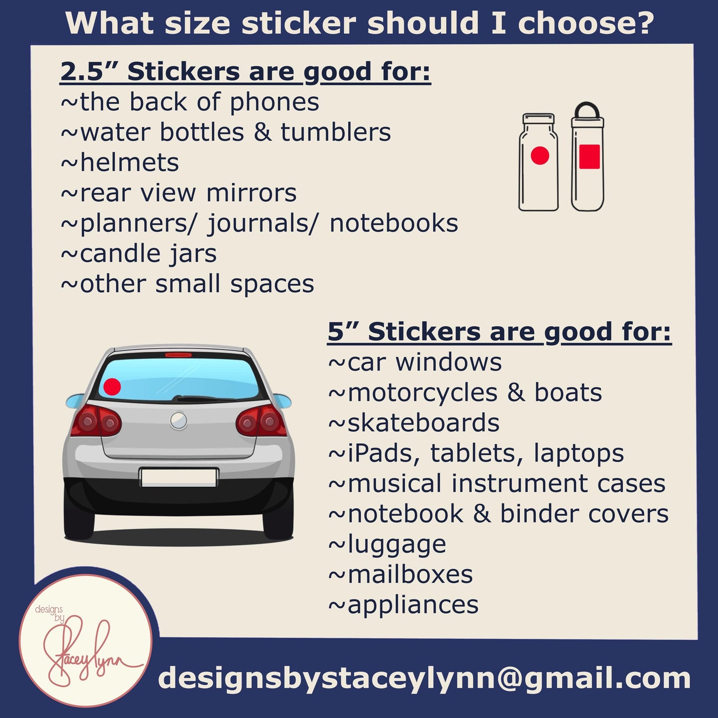 The image is a guide that provides information about the appropriate size stickers to choose based on the items they are intended to be used with, such as back of phones, water bottles, helmets, rear view mirrors, planners, notebooks, candle jars, and other small spaces.