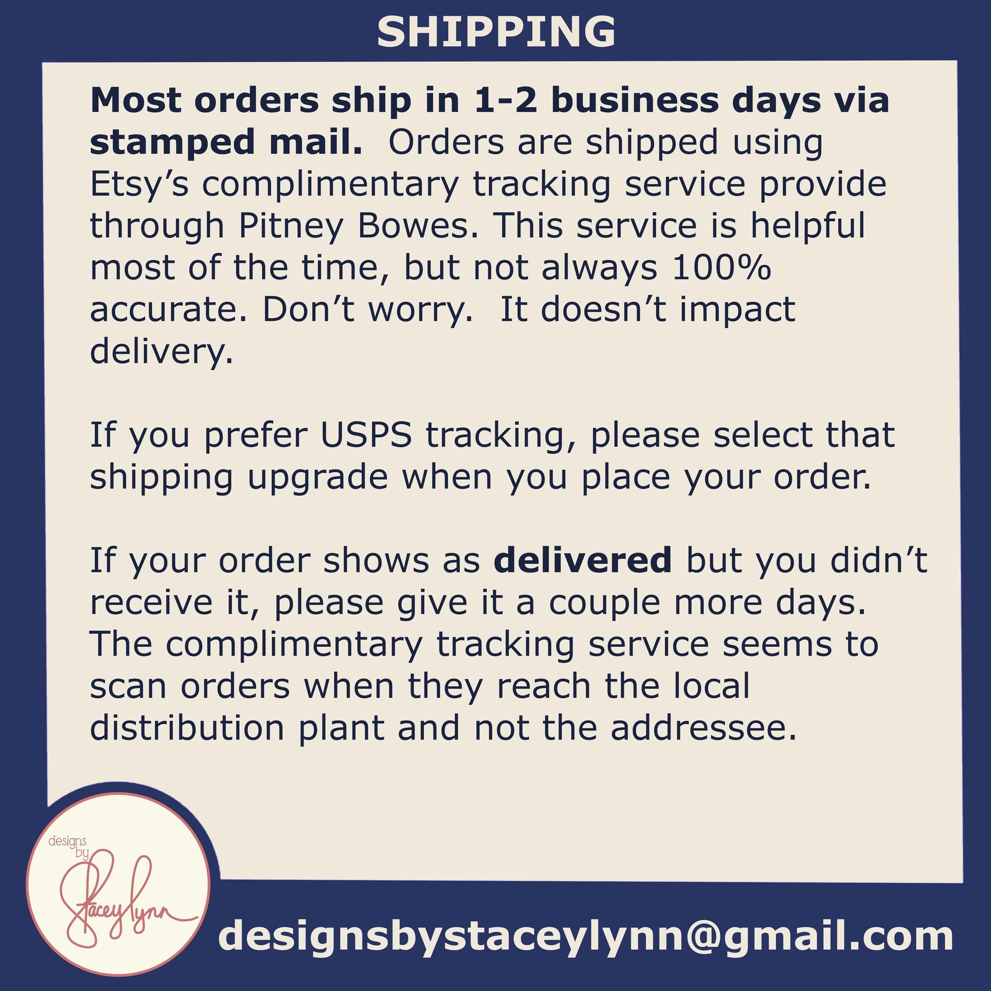The image is a shipping-related informational graphic that provides details about shipping options and the tracking service provided by Etsy. It includes text and a logo, but does not contain any visual elements such as images or graphics. The text is written in a clear and concise manner, and the logo is placed at the bottom of the image.