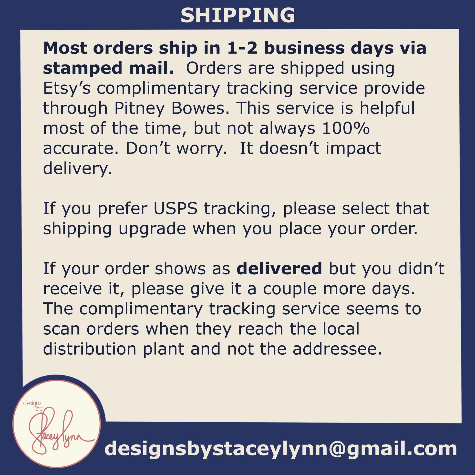 The image is a shipping-related informational graphic that provides details about shipping options and the tracking service provided by Etsy. It includes text and a logo, but does not contain any visual elements such as images or graphics. The text is written in a clear and concise manner, and the logo is placed at the bottom of the image.