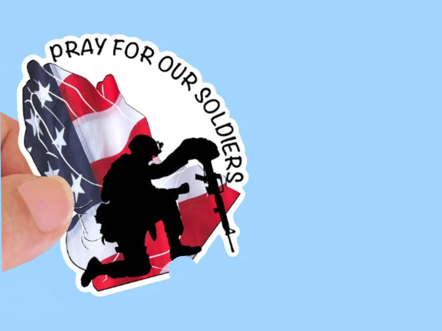 Kneeling Soldier Pray for our Soldiers , Christian Faith Waterproof Vinyl Sticker/ Decal- Choice of Size