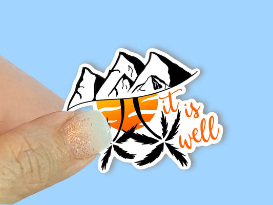 It is well sticker, Mountains, Sunset and Palm Trees, 2.5” Christian Faith Waterproof Vinyl Sticker/ Decal- Choice of Size
