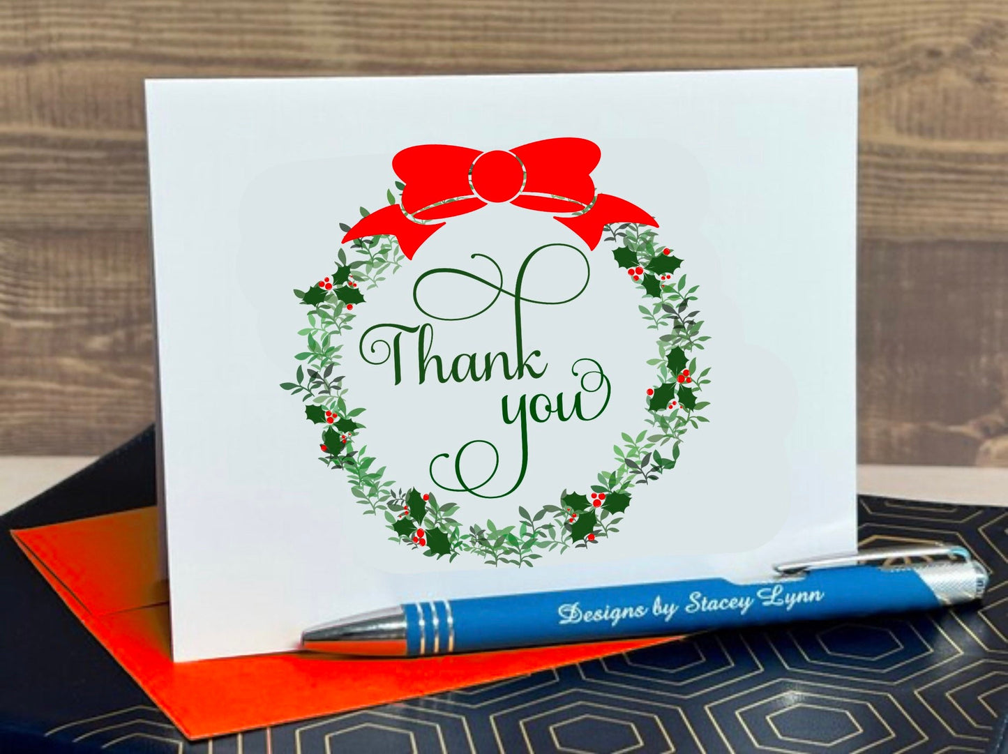 Christmas Thank you Notecards, pack of four, 4.25x5.5 with coordinating envelope, envelope colors vary
