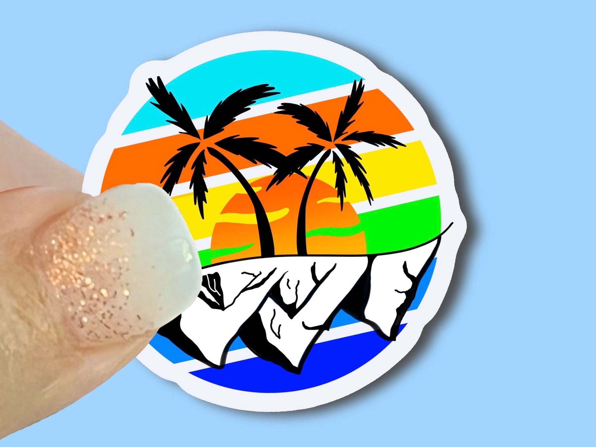 Sunset Palm Trees Mountains Colorful Sticker, Waterproof Vinyl Decal, Laptop Sticker, Water Bottle Sticker, Aesthetic Stickers,