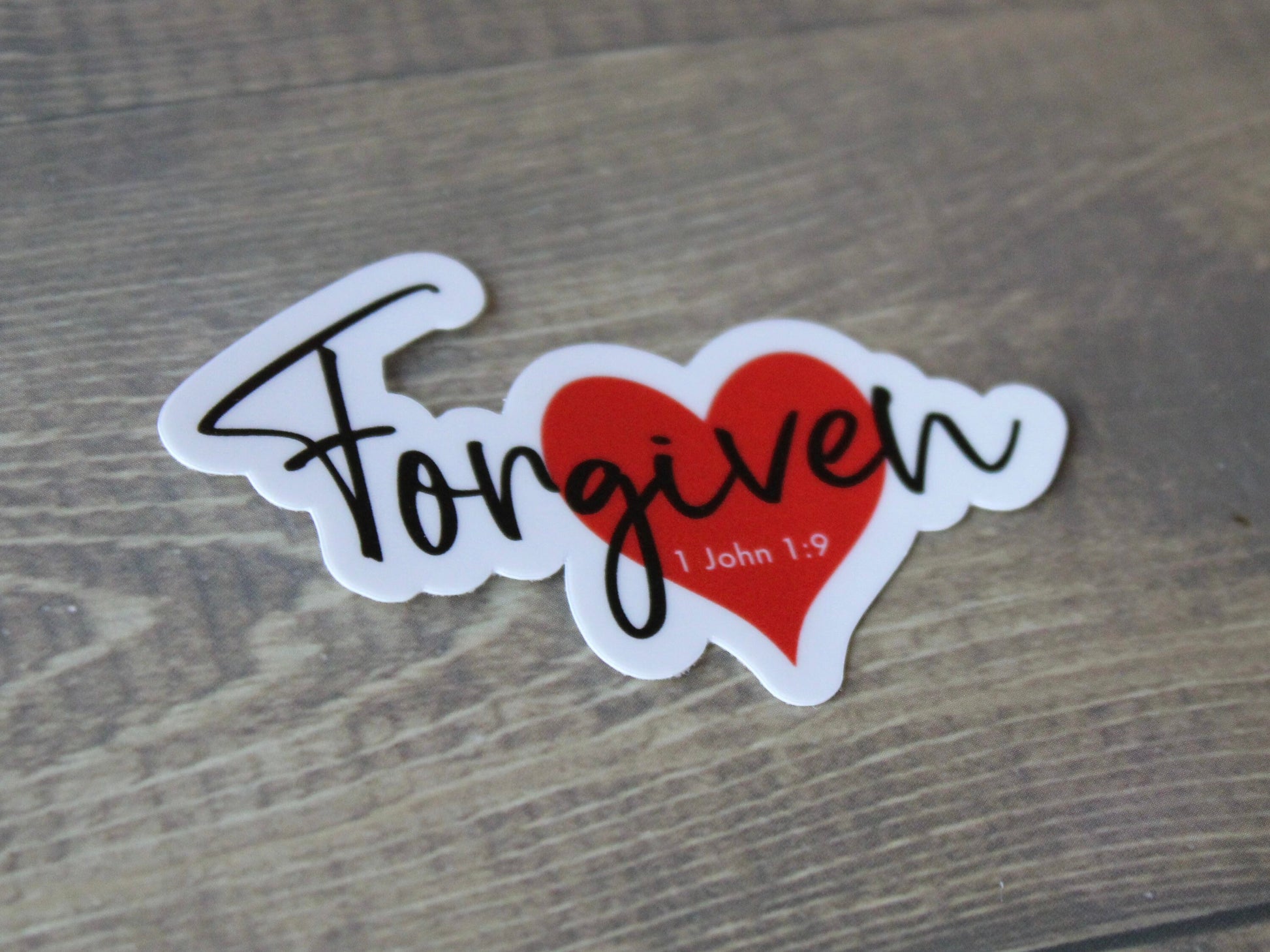 Forgiven - 1 John 1:9 -Red Heart Christian Faith UV/ Waterproof Vinyl Sticker/ Decal- Choice of Size, Single or Bulk qty