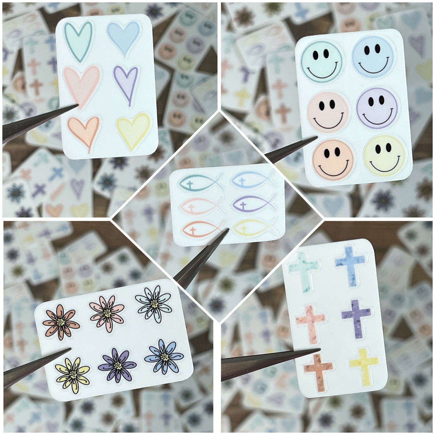 Tiny Stickers, 5 sheets, Journals, Planners | Choice of Design and Size | Heart, Cross, Happy Face, Christian Fish, Flower