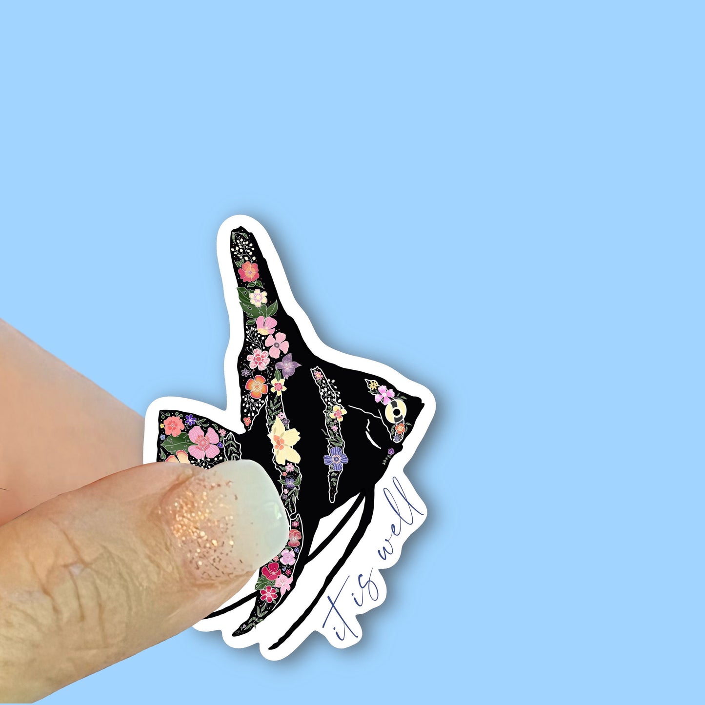It is well Floral Angel Fish - Christian Faith UV/ Waterproof Vinyl Sticker/ Decal- Choice of Size, Single or Bulk qty