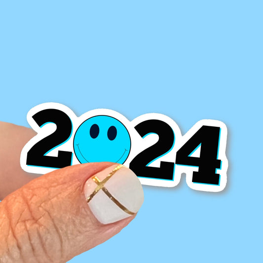 2024 Sticker, Happy Face, Waterproof Vinyl Decal, Laptop Sticker, Water Bottle Sticker, Aesthetic Stickers, choice of size